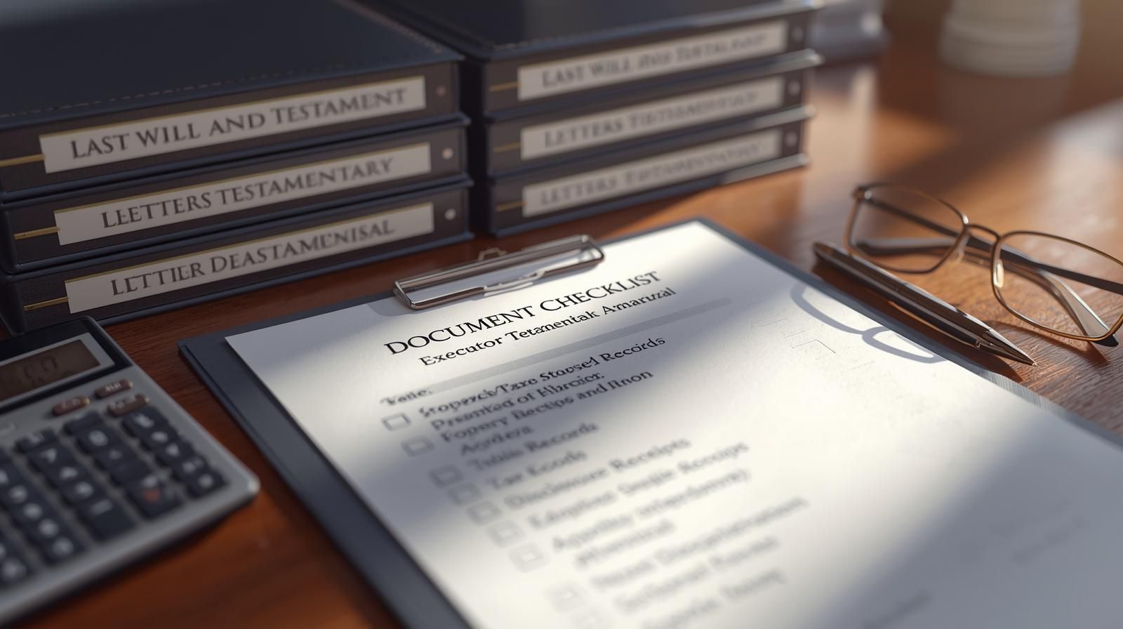 Ultra realistic photo of an executor&rsquo;s probate document checklist on a wooden desk with stacked binders labeled Last Will and Testament and Letters Testamentary, along with a calculator, reading glasses, and a pen, representing the organized documents needed before selling an inherited home.