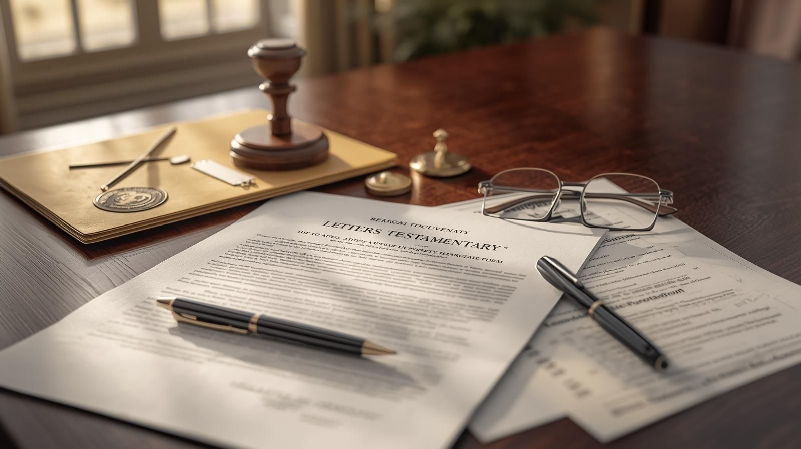 Ultra realistic photo of a wooden desk in a New Jersey attorney&rsquo;s office showing official probate documents, including a Letters Testamentary form, title documents, eyeglasses, a pen, a manila folder with a legal seal, and a judge-style stamp, with warm natural light coming through a window.