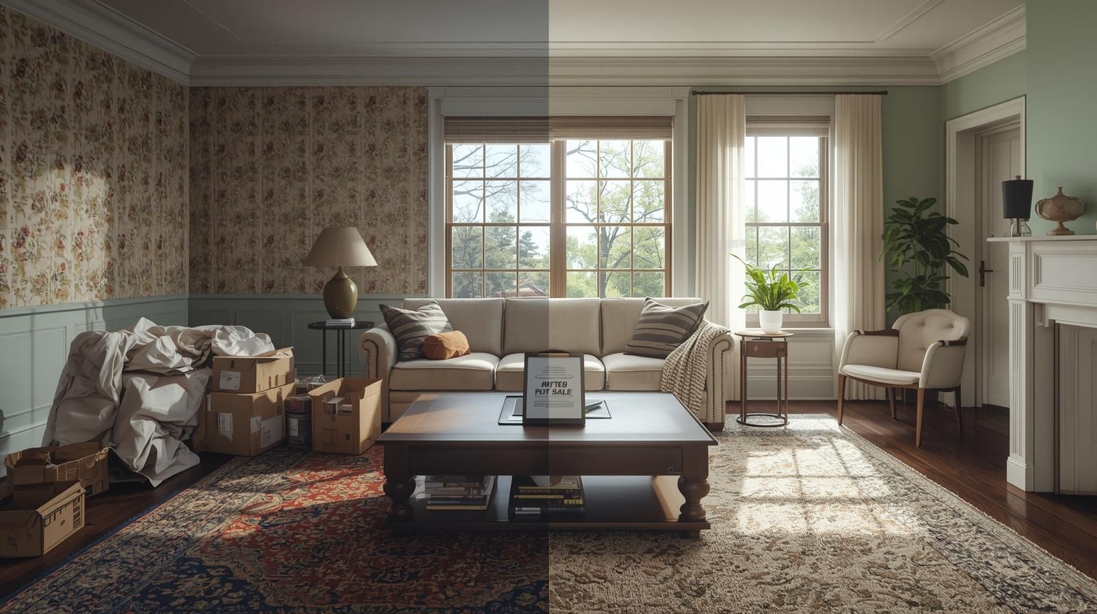 Ultra realistic split-screen photo of a living room showing a probate home before and after updates, with the left side cluttered and dated featuring boxes and old wallpaper, and the right side clean, bright, and freshly updated to illustrate choosing between selling as-is or making improvements.