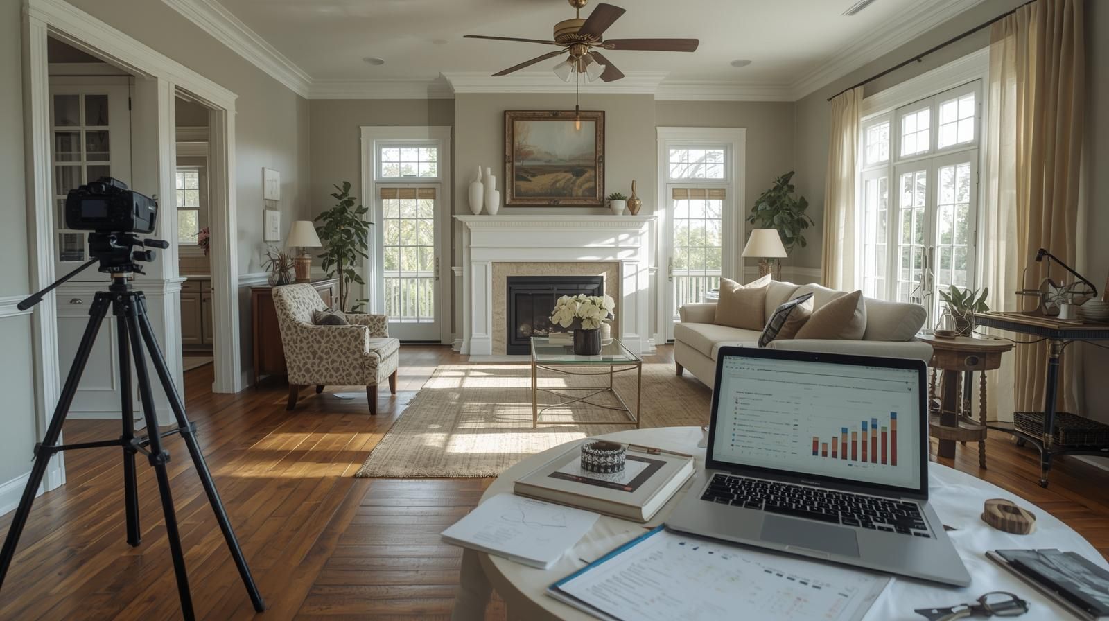 Ultra realistic staged living room in a Teaneck style home with fresh neutral paint, refinished hardwood floors, professional real estate photography setup, and a laptop showing market timing data.