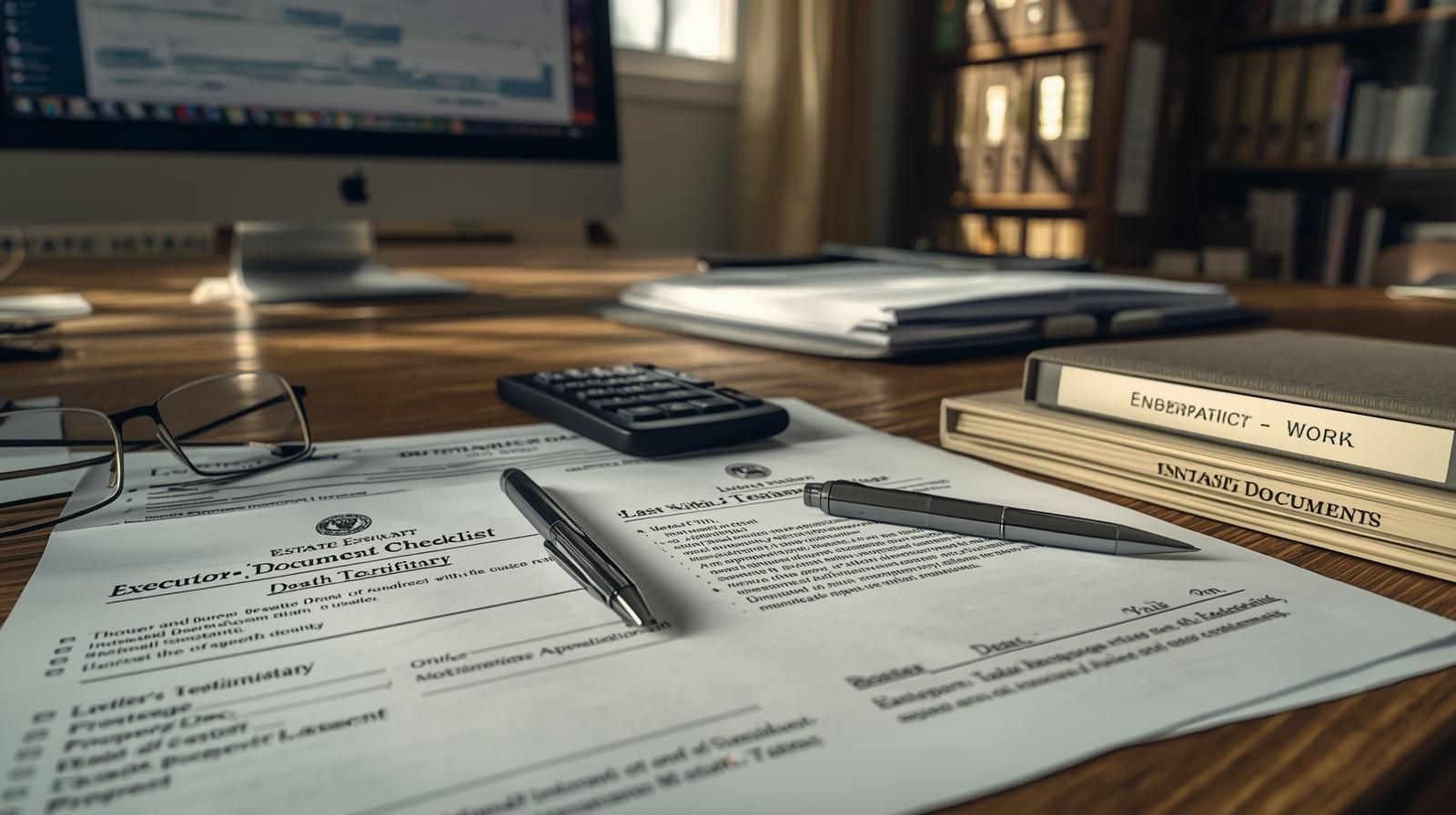 Ultra realistic photo of an executor&rsquo;s desk showing an Executor Document Checklist, a Last Will and Testament, death certificate, calculator, reading glasses, and estate document folders in a home office, representing the paperwork needed before meeting a tax professional for a New Jersey probate home sale.