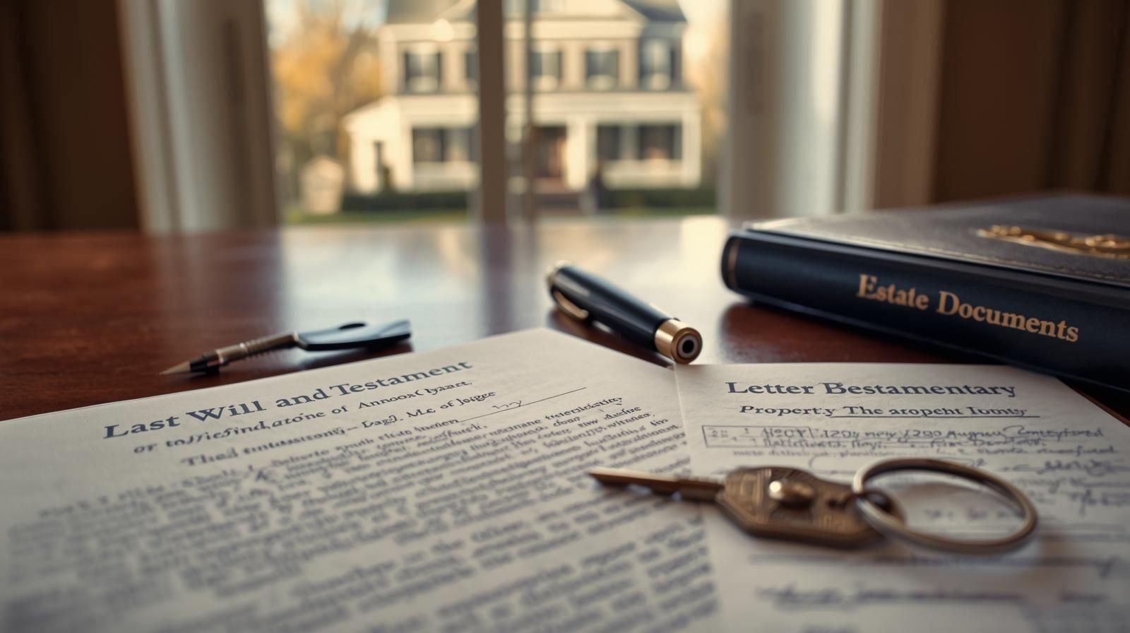 Ultra realistic photo of a wooden desk displaying a Last Will and Testament, Letters Testamentary, a house key on a keyring, and an Estate Documents binder, with a classic New Jersey Colonial home softly blurred through the window in the background.