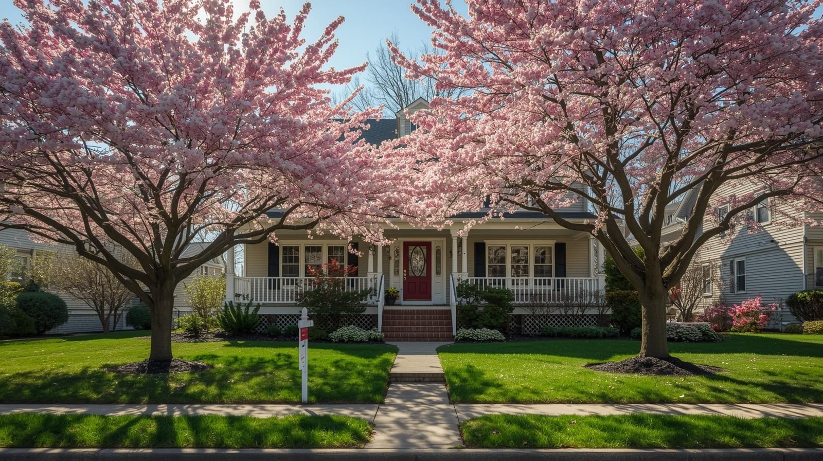 Ultra realistic springtime photo of a Teaneck style home with cherry blossom trees, fresh green lawn, bright sunlight, and strong curb appeal showing the best time to sell a house in Teaneck.