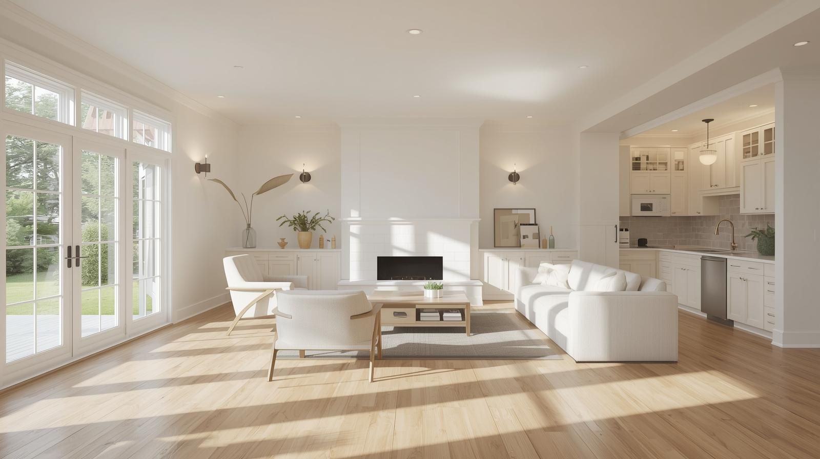 Bright modern living room showing the best home improvements before selling, featuring fresh neutral paint, refinished hardwood floors, updated lighting, and simple staging with natural sunlight coming through large windows.