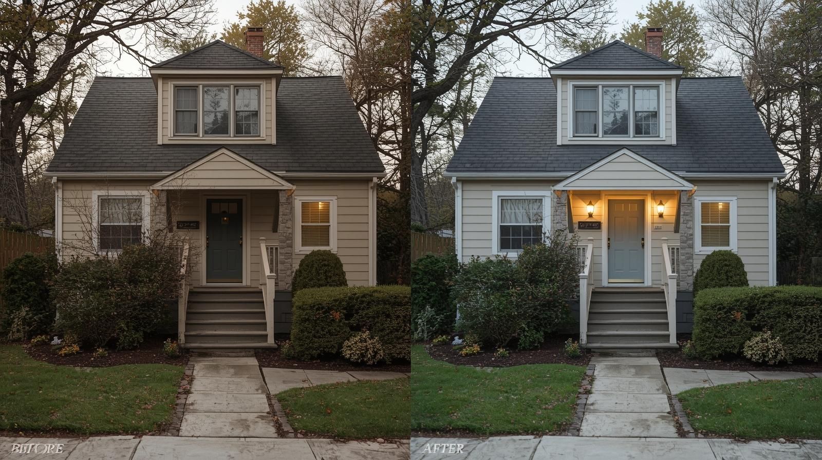 Before and after comparison of a Cape Cod style home in Teaneck showing smart pre-sale improvements before selling, including fresh exterior paint, trimmed shrubs, new mulch, bright updated lighting, and a clean power-washed walkway that boosts curb appeal and home value.