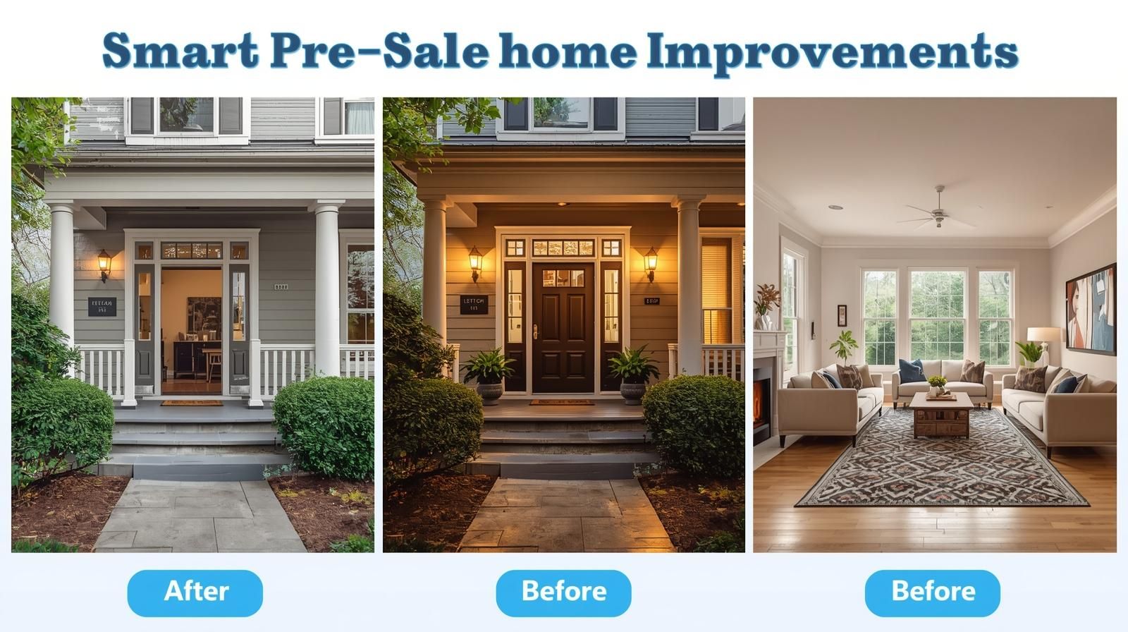 Three-panel image showing smart home improvements before selling a Teaneck home. Left panel displays improved curb appeal with fresh paint and clean landscaping. Middle panel shows the older exterior before updates. Right panel shows a bright, staged living room with neutral paint and modern d&eacute;cor. Demonstrates best pre-sale upgrades for increasing home value.