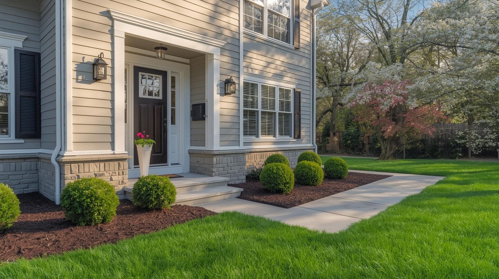 Ultra realistic exterior of a spring-ready Teaneck style home with fresh paint, updated lighting, trimmed shrubs, new mulch, and strong curb appeal before listing.