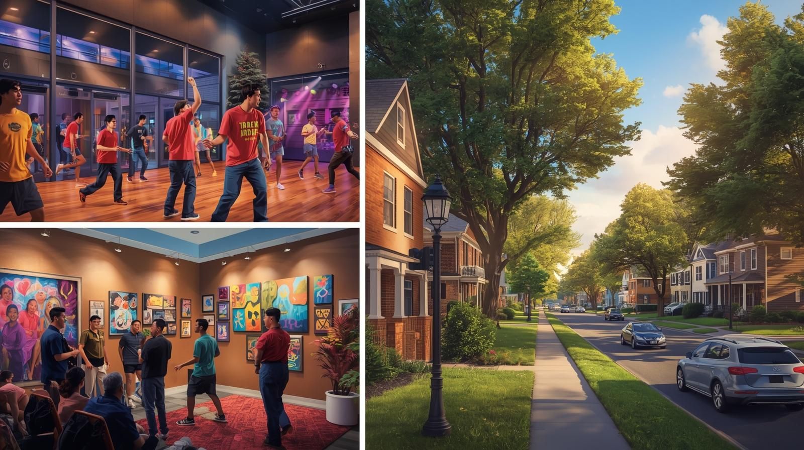 Community activities at the Rodda Community Center, an art exhibit at the Puffin Cultural Forum, and a quiet residential street in Teaneck NJ showing neighborhood appeal.