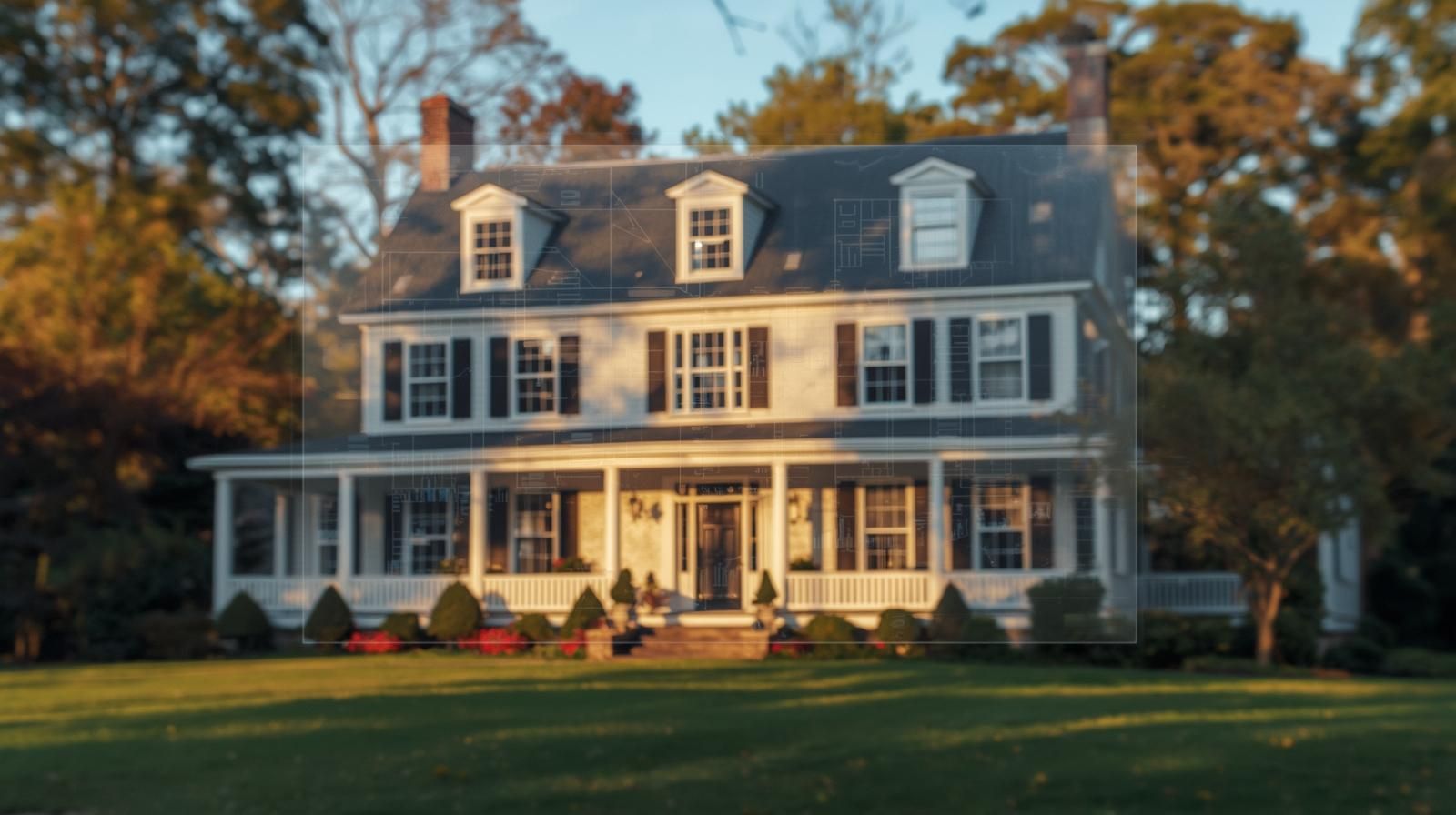 Ultra realistic image of a classic Teaneck New Jersey Colonial home at golden hour with a transparent digital pricing dashboard floating in front of it, displaying comps, taxes, market trends, seasonal buyer behavior, and AI driven pricing insights.