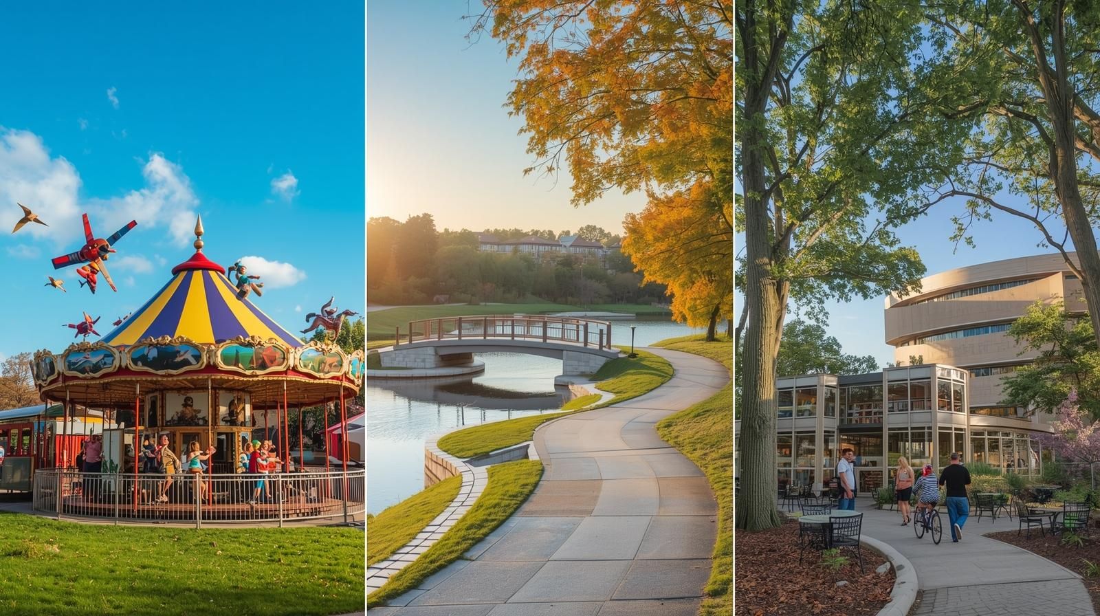 Three panel collage of Bergen County weekend attractions featuring the colorful carousel at Van Saun County Park, a scenic walking path and bridge at Saddle River County Park during golden hour, and visitors enjoying the outdoor plaza at Montclair Art Museum or Englewood Arts District.