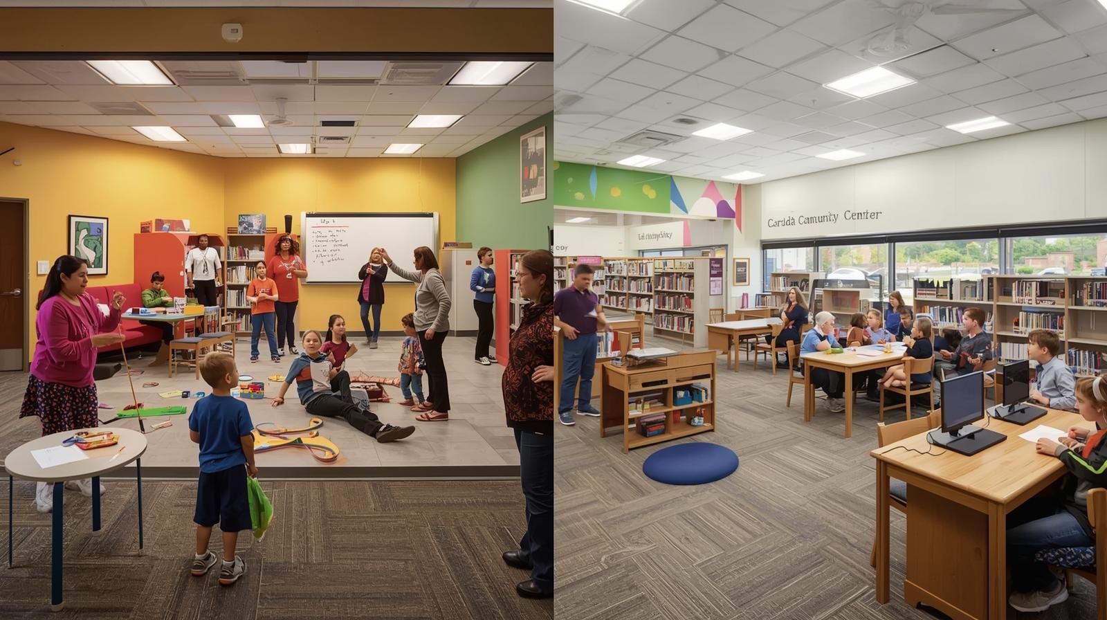 A split scene showing weekend community activities in Teaneck, NJ, with children and families participating in arts and crafts at the Rodda Community Center on the left, and a busy learning area inside the Teaneck Public Library on the right, featuring storytime, computer use, and group workshops.