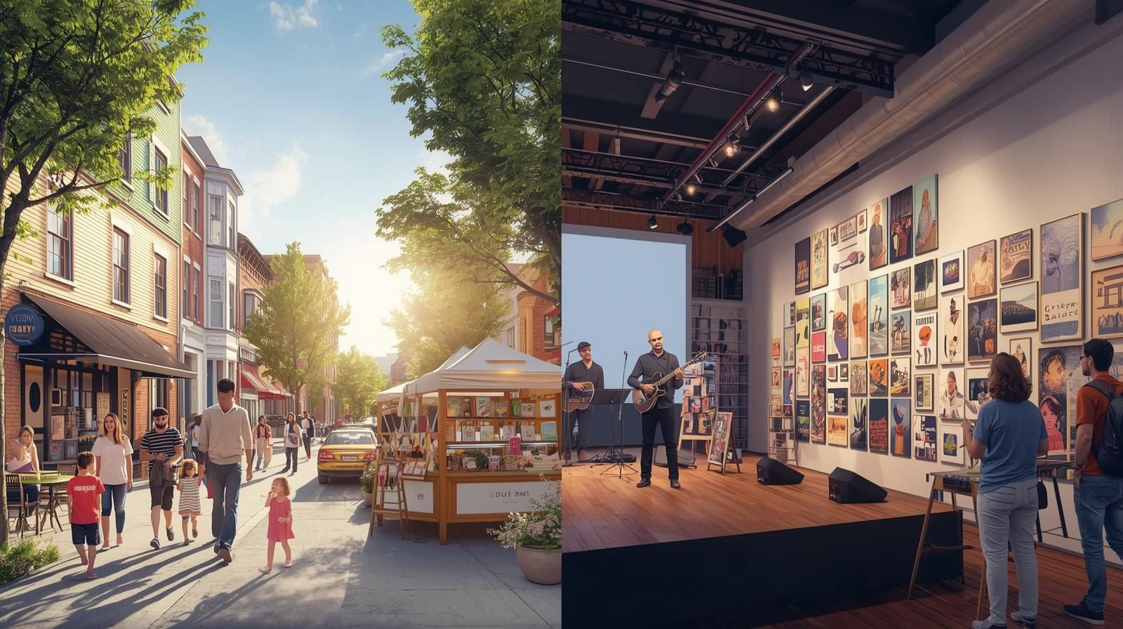 A split scene showing Cedar Lane in Teaneck NJ with families shopping at weekend pop up markets on the left, and an indoor art and music event at the Puffin Cultural Forum on the right, representing Teaneck&rsquo;s shopping, arts, and community culture.