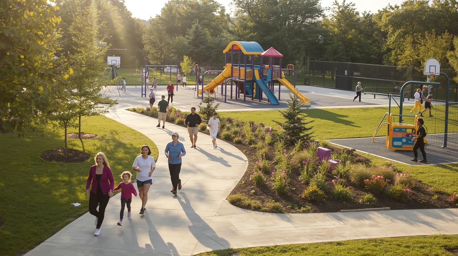 Weekend activity at Votee Park in Teaneck NJ with families walking, kids on the playground, jogging paths, and open fields, showing why it is a top family activity in Bergen County.