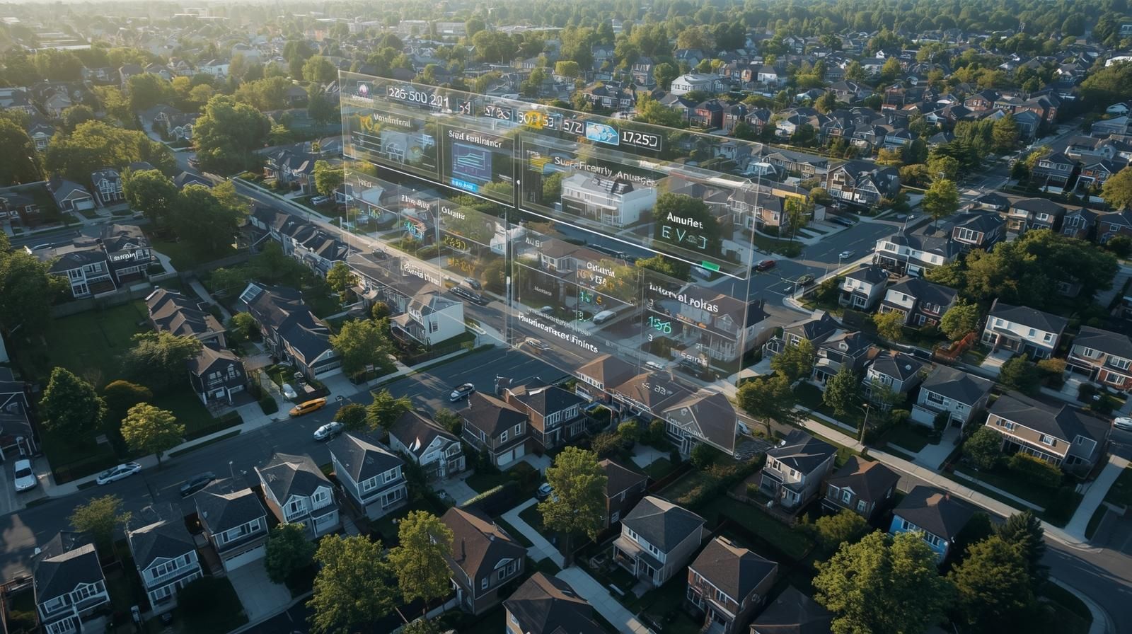 Ultra realistic aerial view of a Teaneck New Jersey neighborhood with transparent digital overlays showing comparative market analysis data, including home prices, square footage, taxes, and AI powered valuation metrics to illustrate how local comps are evaluated.