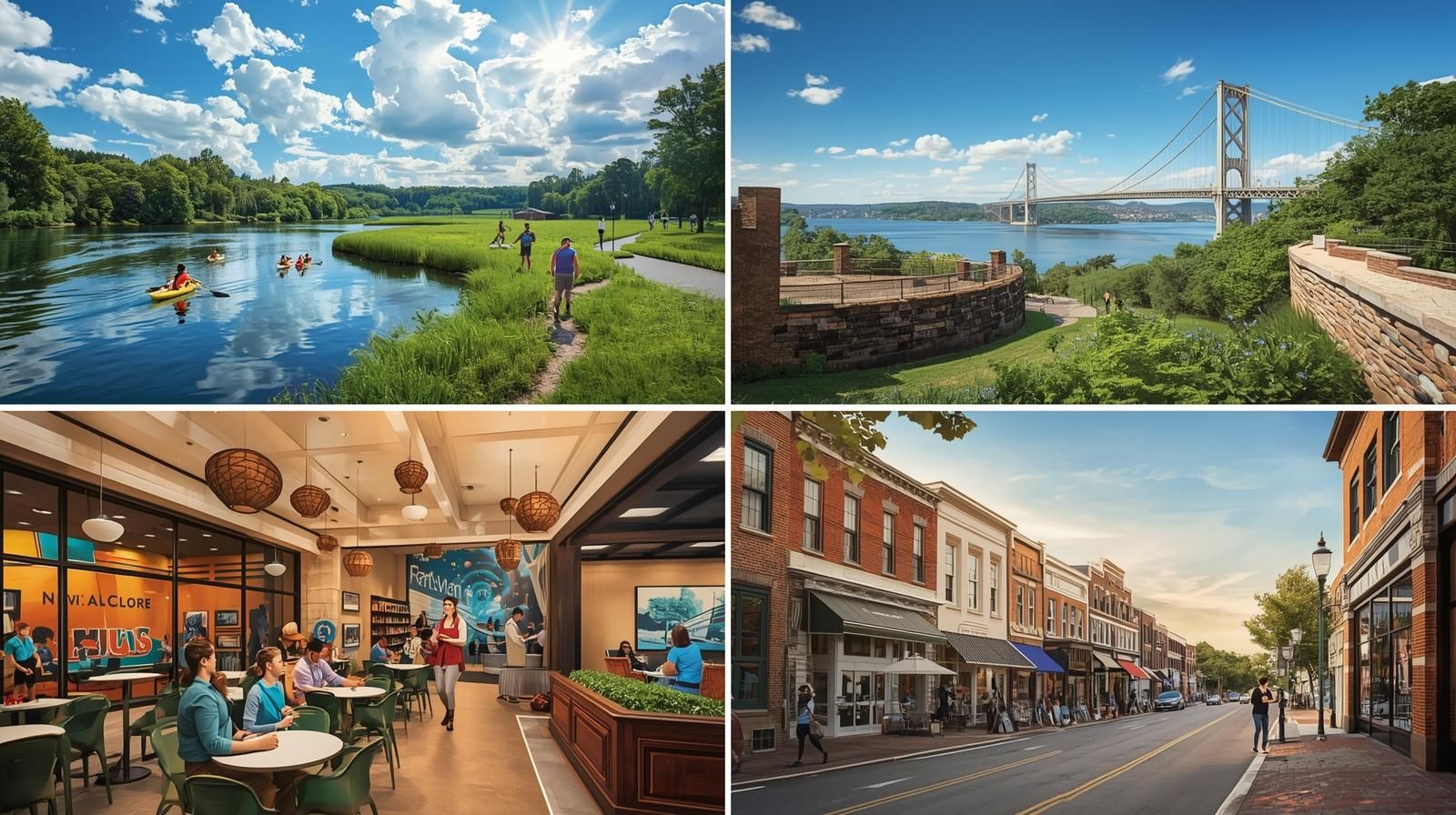 Collage of day trips near Teaneck NJ featuring Overpeck Park kayaking, Fort Lee Historic Park views, American Dream Mall activities, and Hackensack&rsquo;s Main Street shopping.