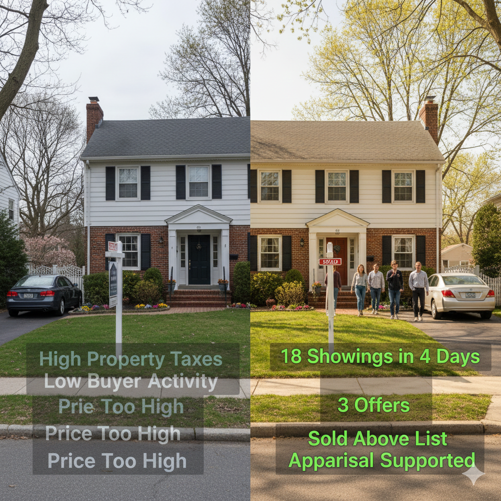 Split image of a Teaneck Colonial home showing mispricing versus correct pricing. Left side shows low activity and a For Sale sign with notes like High Taxes and Price Too High. Right side shows a Sold sign, buyers arriving, and results such as 18 showings, 3 offers, and sold above list.