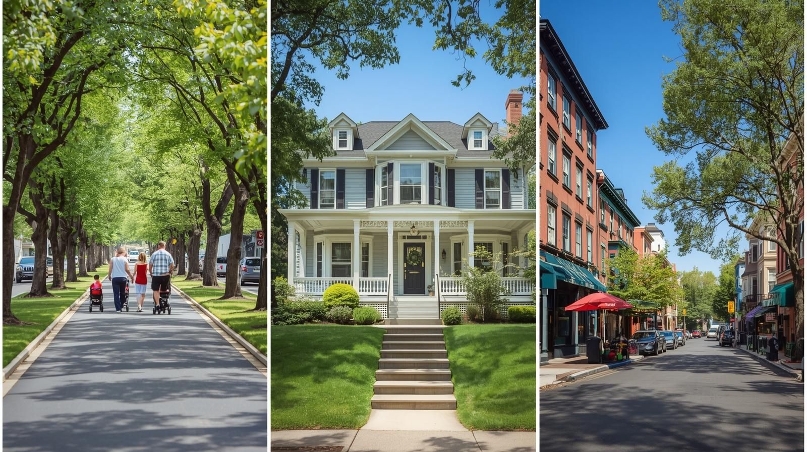 Three panel collage showcasing why Teaneck NJ is an ideal home base. Left panel shows families walking along a tree lined residential street in West Englewood. Center panel features a beautifully maintained home in the Country Club Section with strong curb appeal. Right panel displays the walkable Teaneck Road Corridor with shops, restaurants, and tree shaded sidewalks.