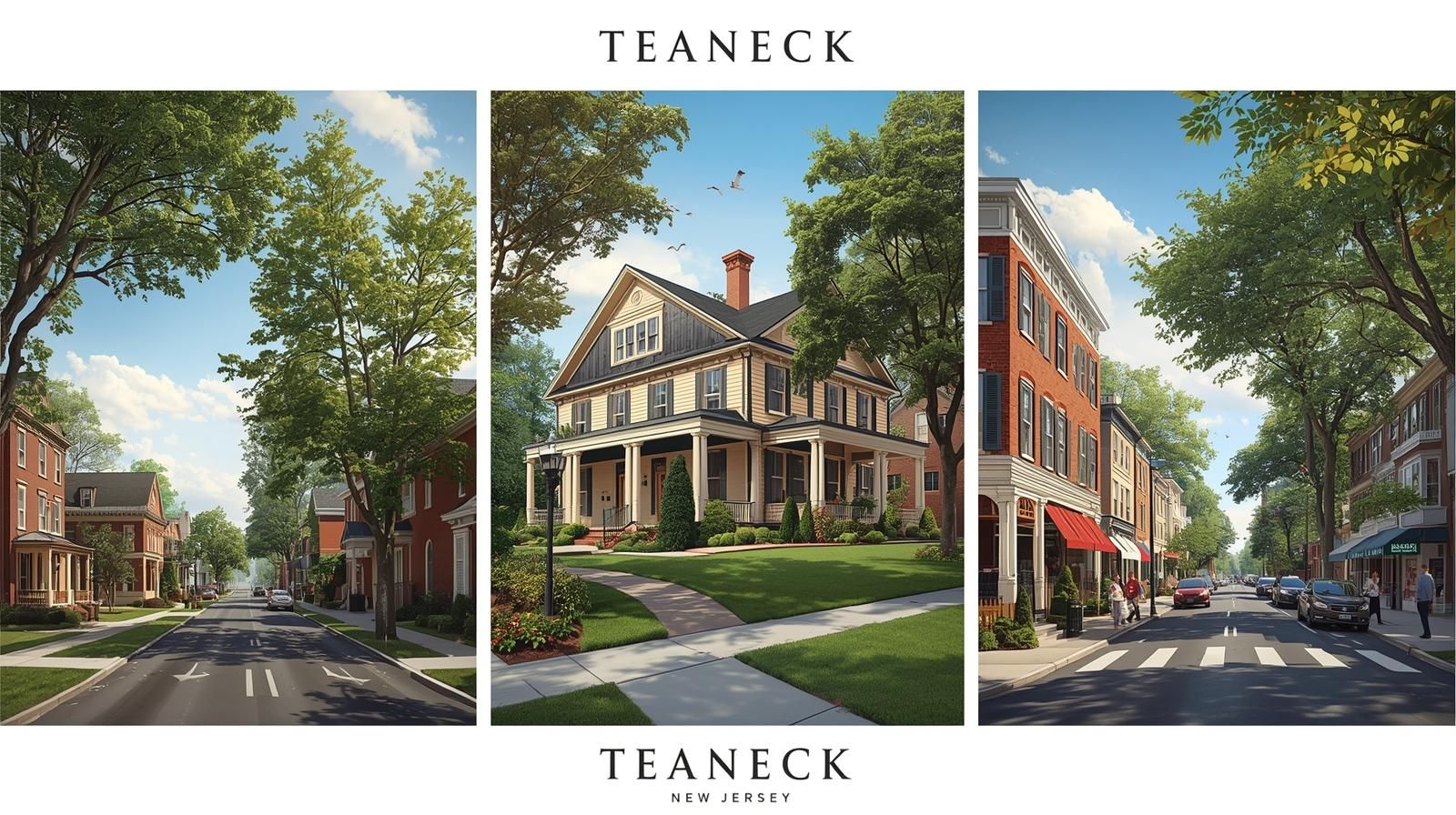 A three panel collage showcasing Teaneck, New Jersey neighborhoods, featuring a quiet tree lined residential street in West Englewood, an elegant colonial style home representing the Country Club Section, and the walkable Teaneck Road Corridor with local shops and pedestrians.