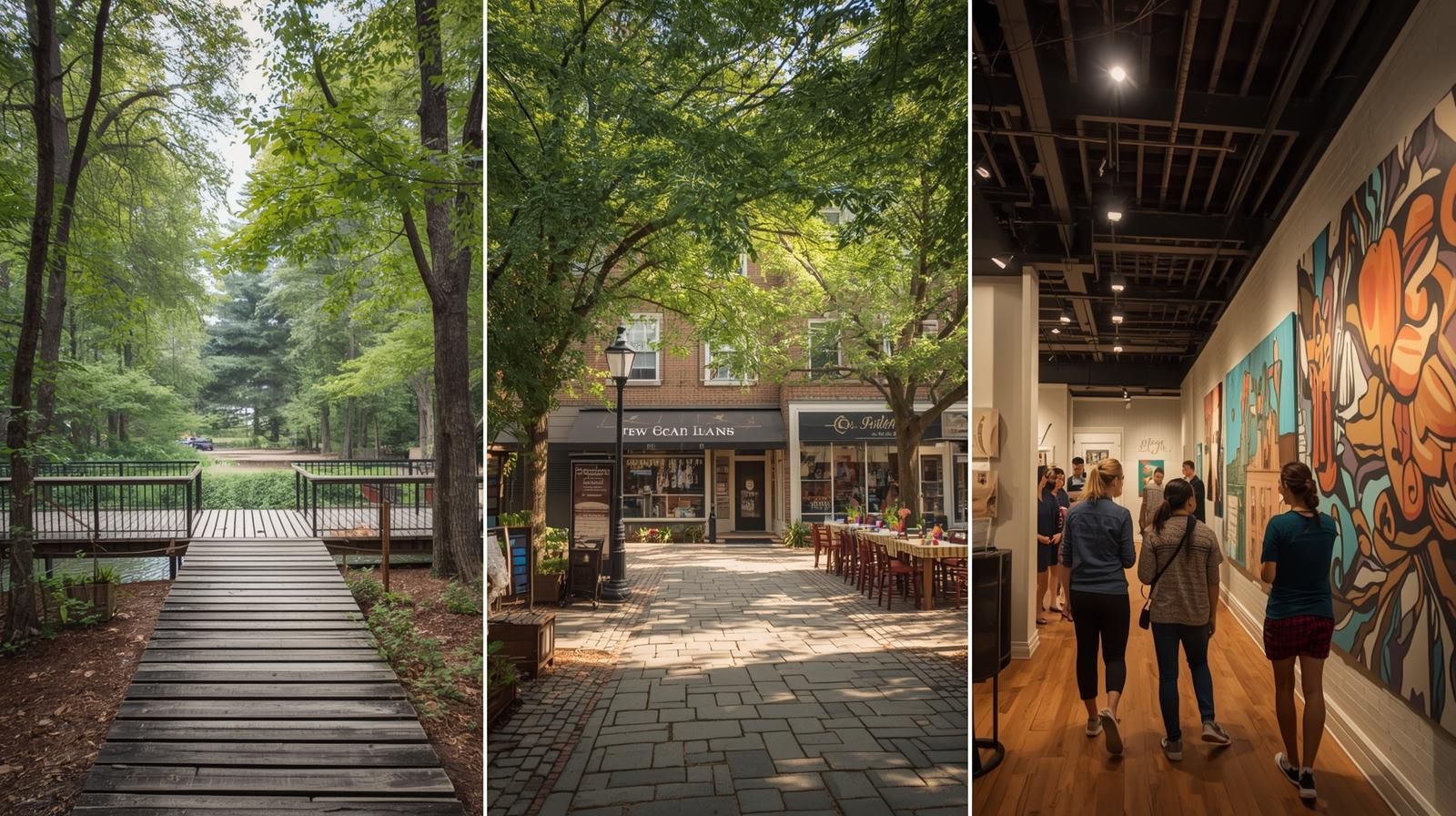 Three panel collage showcasing hidden gems in Teaneck, New Jersey: a peaceful wooden boardwalk surrounded by trees at Teaneck Creek Conservancy, the lively Cedar Lane shopping district with outdoor dining and boutique storefronts, and an indoor art gallery scene inspired by the Puffin Cultural Forum with visitors viewing colorful artwork.
