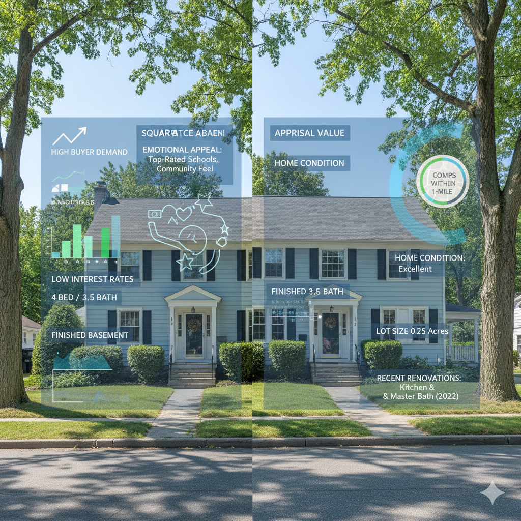 Ultra realistic split screen image of a Teaneck New Jersey colonial style home showing the difference between market value and appraisal value, with digital overlays displaying buyer demand, interest rates, emotional appeal, square footage, finished basement, home condition, recent renovations, and comps within one mile.