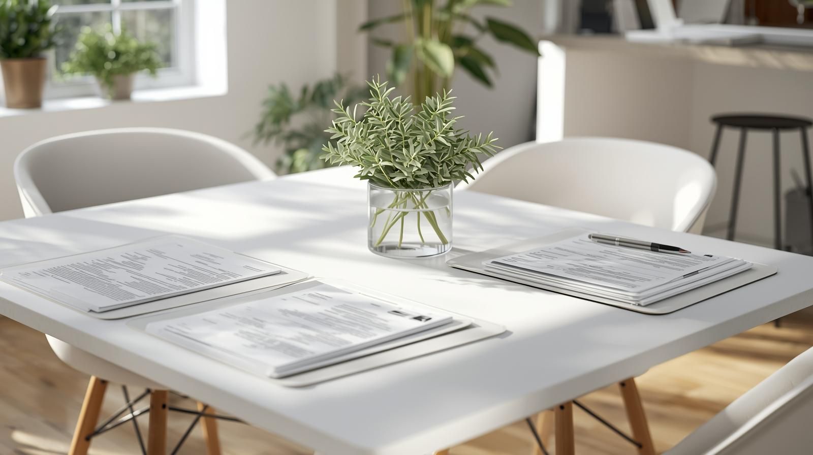 Neatly organized short sale documents laid out on a bright, modern kitchen table in a Saddle Brook, NJ home, representing financial preparation and best practices for starting a short sale.