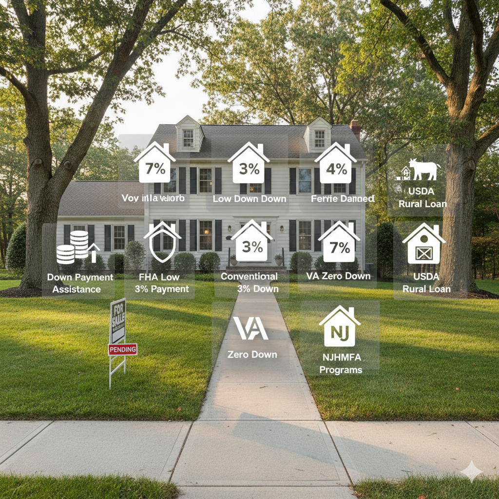 Saddle Brook NJ suburban home with icons illustrating first time home buyer mortgage programs including down payment assistance, FHA low down payment, conventional three percent down, VA zero down, and USDA rural loan options.