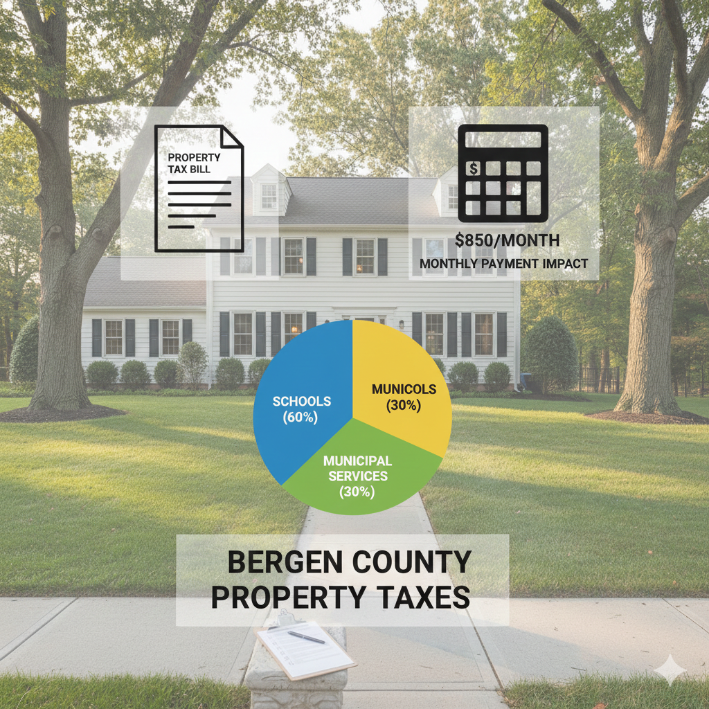Saddle Brook NJ home with overlays showing a property tax bill, monthly payment impact calculator, and pie chart explaining Bergen County property taxes for schools, municipal services, and local budgets.