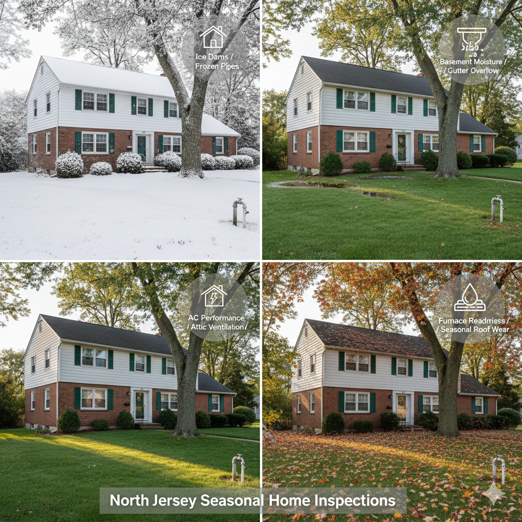 Four season split view of a Saddle Brook NJ home showing winter ice dams, spring basement moisture, summer AC and attic ventilation issues, and fall furnace readiness and roof wear to illustrate North Jersey seasonal home inspection concerns.