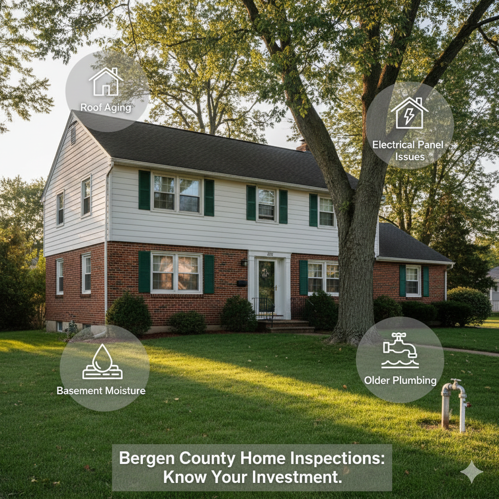 Mid century Saddle Brook NJ home with inspection callouts highlighting roof aging, electrical panel issues, basement moisture, and older plumbing, representing common Bergen County home inspection concerns.