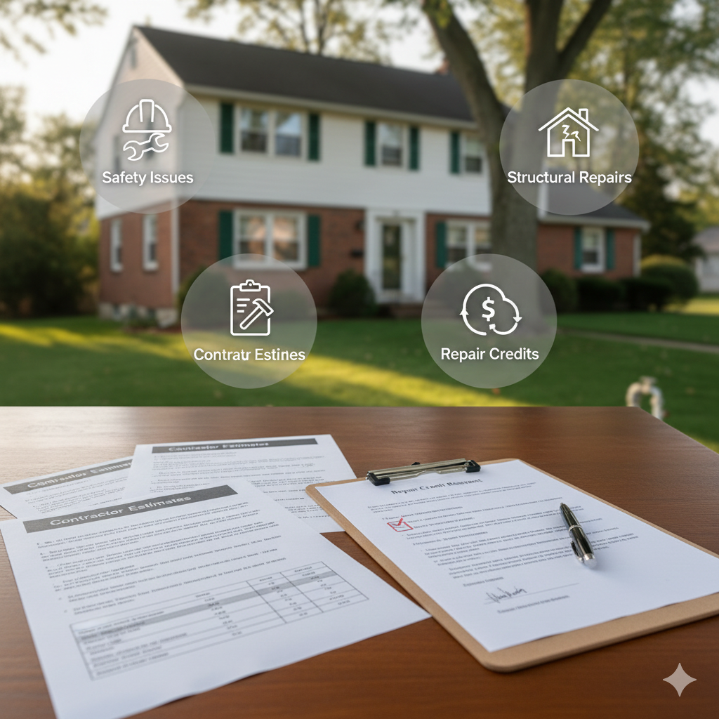 Negotiation table with contractor estimates, repair credit request forms, and overlay icons for safety issues, structural repairs, and repair credits in front of a Saddle Brook NJ home, illustrating how buyers negotiate repairs after a home inspection.
