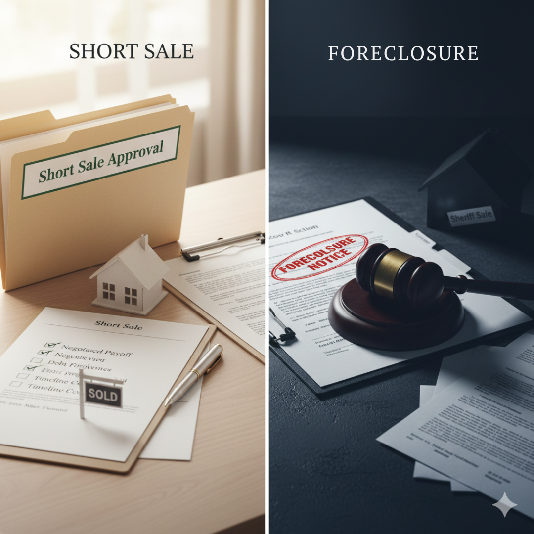 Side by side comparison of a short sale vs foreclosure in New Jersey. Left side shows an approved short sale folder, checklist, and sold house model. Right side shows a foreclosure notice, gavel, and sheriff sale paperwork, illustrating the financial and legal differences.