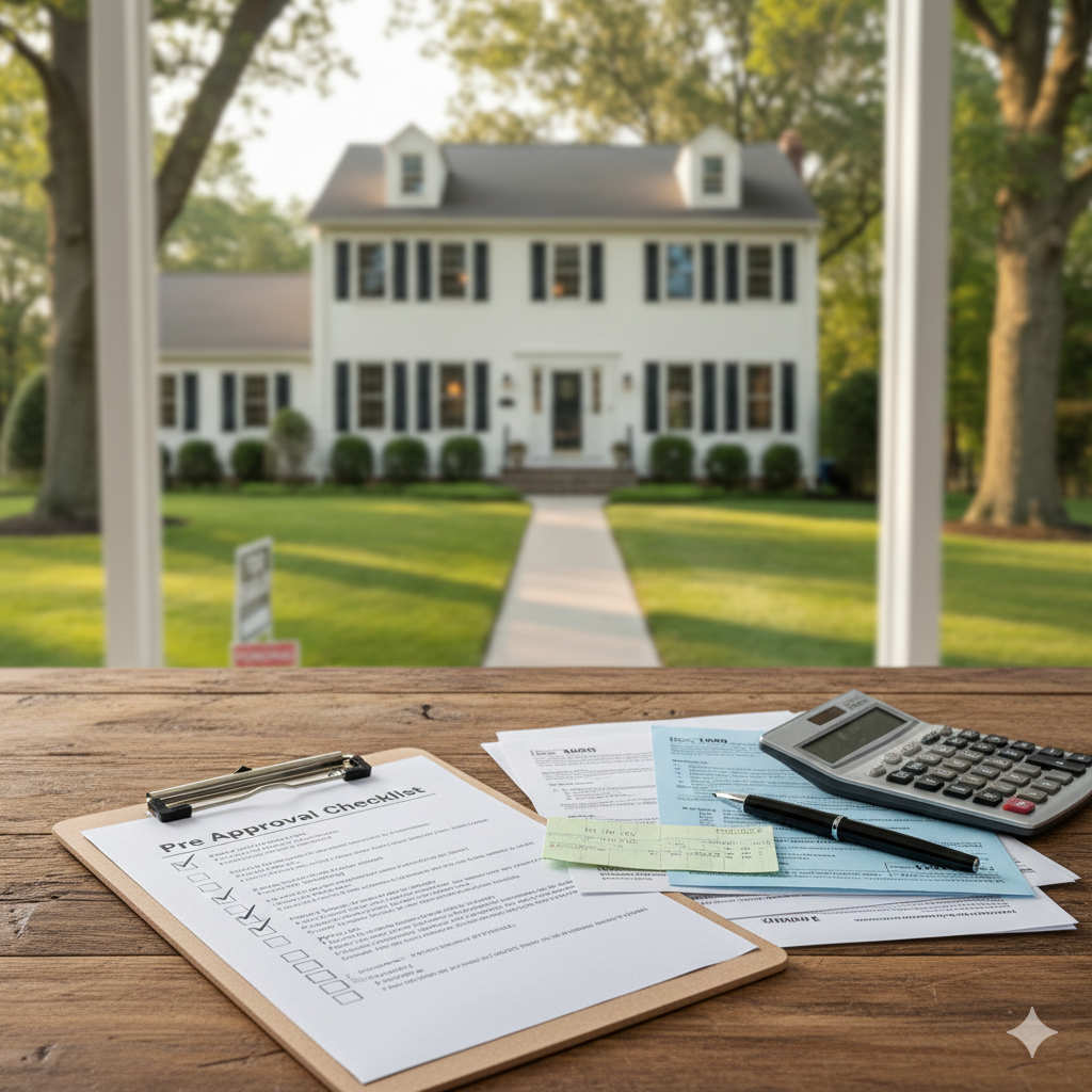 Mortgage pre approval checklist, pay stubs, tax forms, and calculator on a desk with a Saddle Brook NJ home blurred in the background, illustrating the steps buyers take during the mortgage pre approval process.