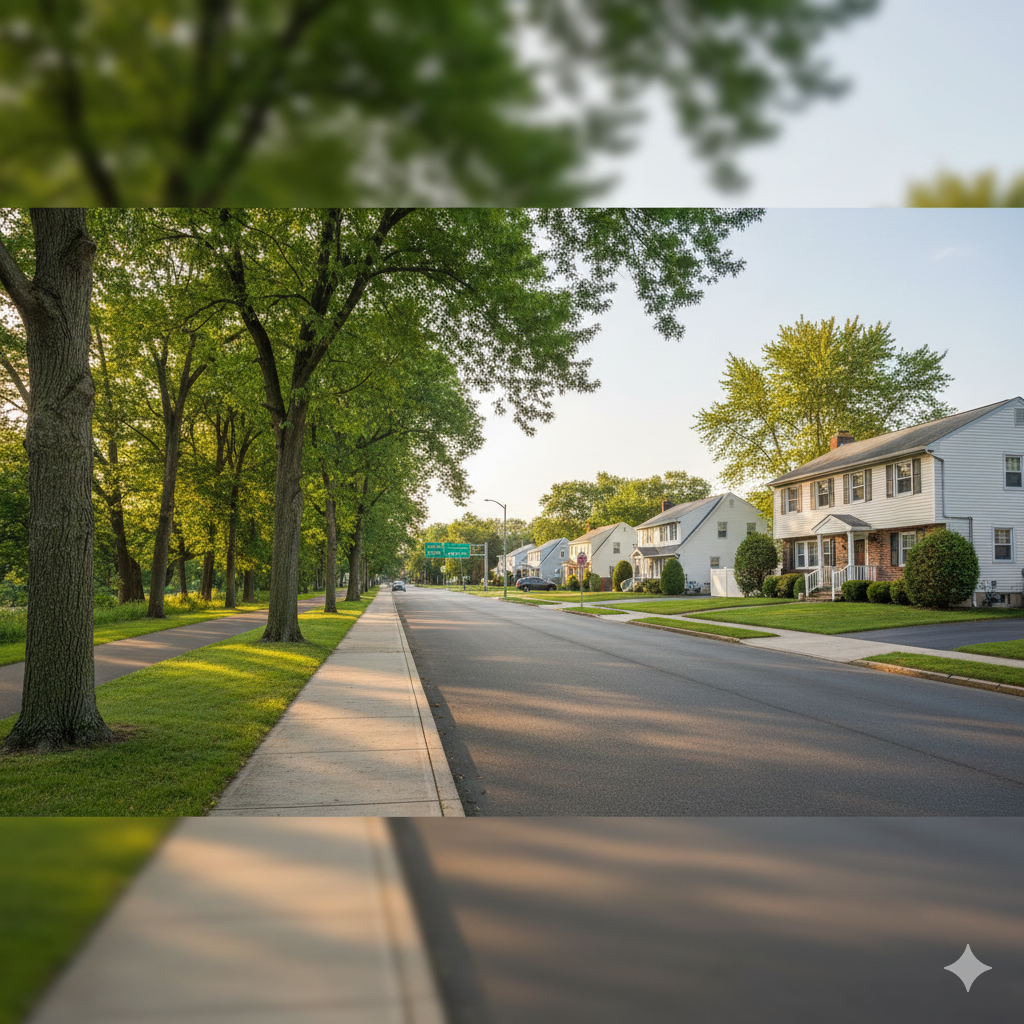 Tree lined suburban street in Saddle Brook NJ showing well maintained Colonial style homes, wide sidewalks, and nearby highway access, highlighting the convenience and neighborhood appeal buyers look for.