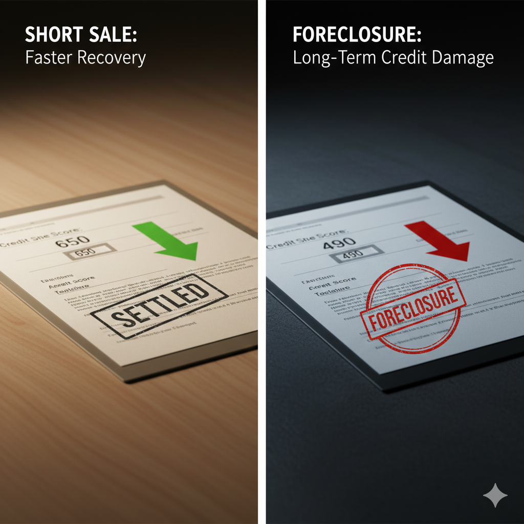 Comparison of short sale versus foreclosure credit impact, showing a &ldquo;Settled&rdquo; short sale report with mild score drop and a &ldquo;Foreclosure&rdquo; report with severe score drop.