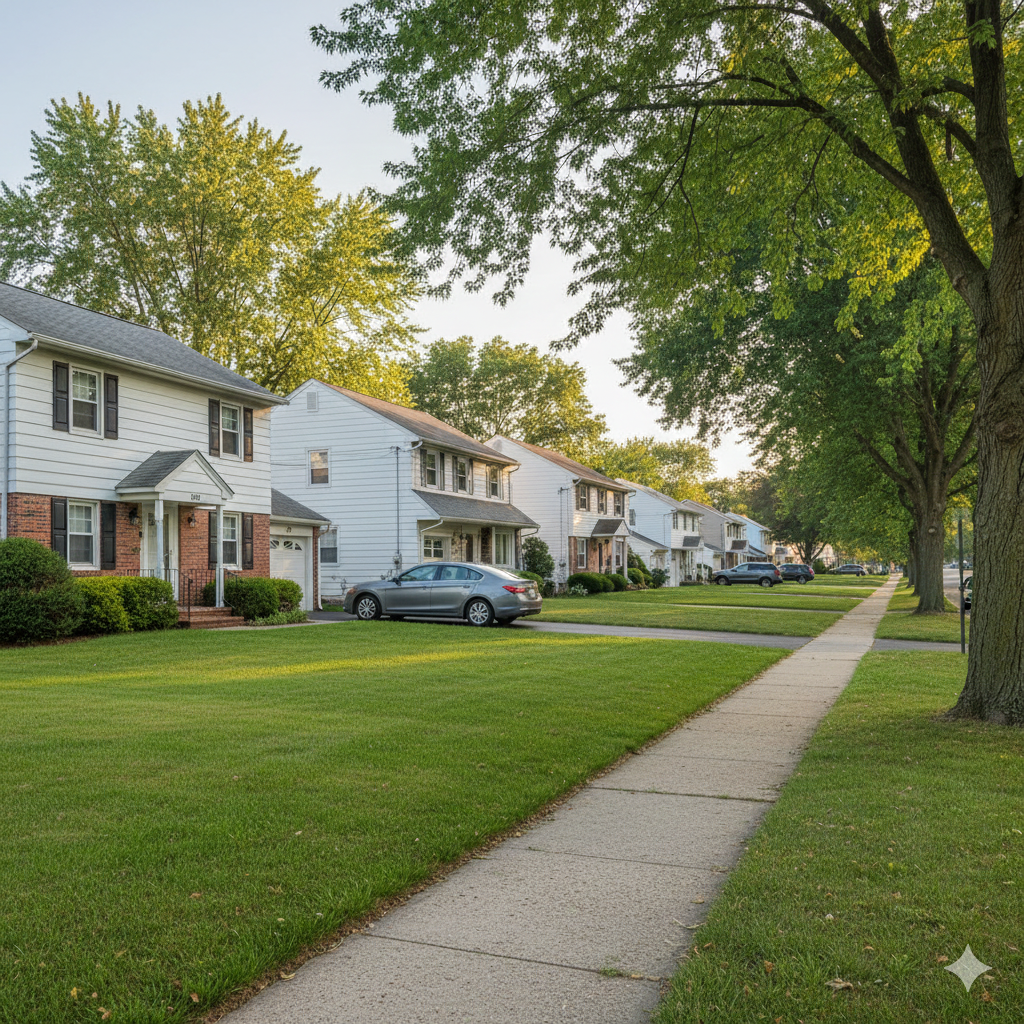 Row of well maintained Colonial homes on a quiet Saddle Brook NJ street with manicured lawns and mature trees showing the stability and long term property value of the local real estate market.