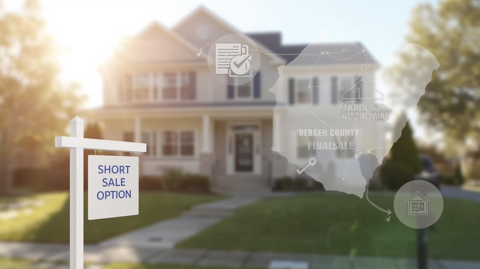 A Saddle Brook, NJ suburban home with a &ldquo;Short Sale Option&rdquo; sign in front, featuring a semi-transparent diagram showing hardship review, lender approval, and final sale steps over a Bergen County map to illustrate the short sale process.