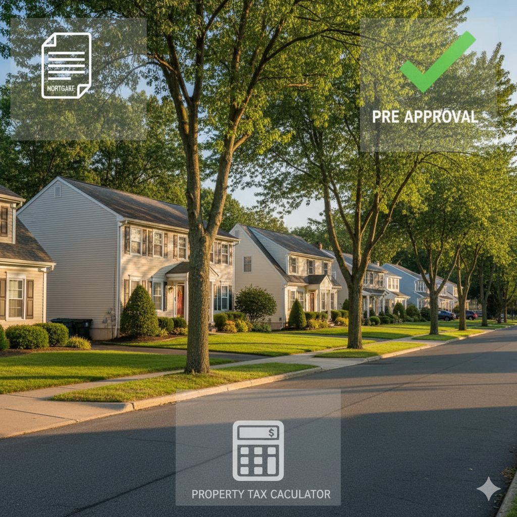 Tree lined suburban street in Saddle Brook NJ with overlays showing mortgage documents, a pre approval checkmark, and a property tax calculator to represent why financing and preparation matter for local home buyers.