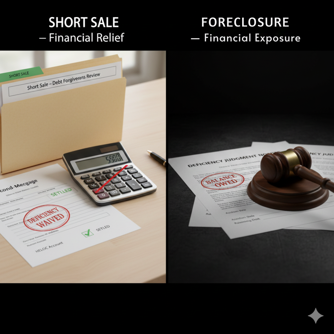 Short sale showing &ldquo;Deficiency Waived&rdquo; versus foreclosure documents stamped &ldquo;Balance Owed&rdquo; with a gavel, illustrating financial relief versus financial exposure.