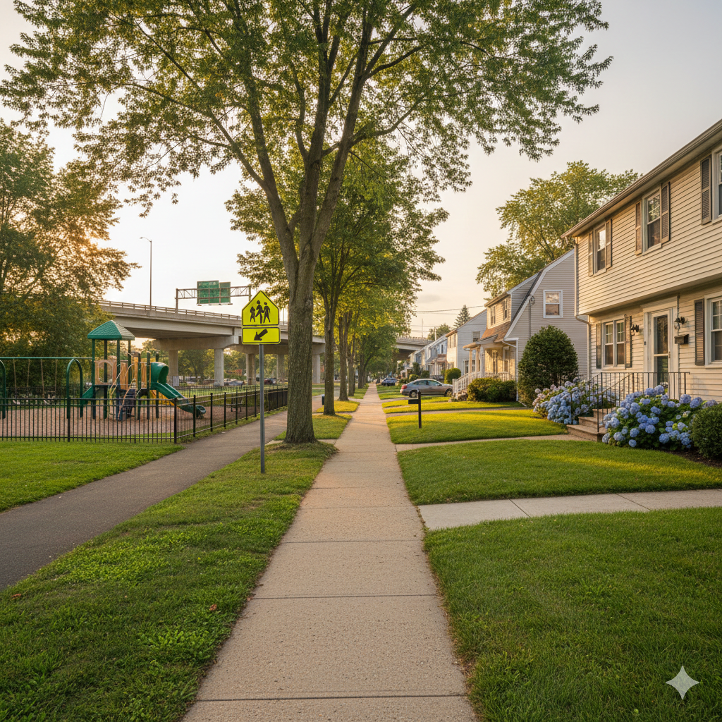 Suburban street in Saddle Brook NJ featuring well kept single family homes, a playground, tree lined sidewalks, and nearby highway access that highlights the town&rsquo;s convenience, parks, and family friendly lifestyle.