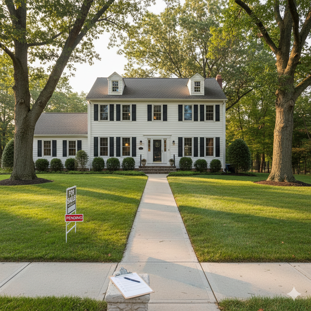 Colonial style home in Saddle Brook NJ with a pending for sale sign and inspection clipboard on the walkway, representing the home buying process and what buyers can expect in the local market.