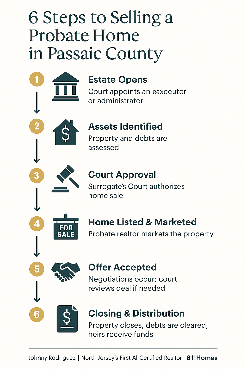 Step-by-step infographic showing 6 steps to selling a probate home in Passaic County, including estate opening, asset identification, court approval, home listing and marketing, offer acceptance, and closing with distribution. Designed for probate sellers and buyers in North Jersey.