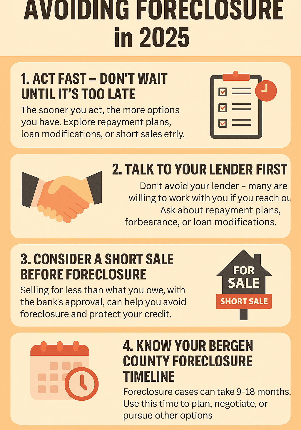 Infographic showing 5 tips for Hackensack homeowners to avoid foreclosure in 2025, including acting early, talking to lenders, considering short sales, understanding the Bergen County foreclosure timeline, and getting professional help.