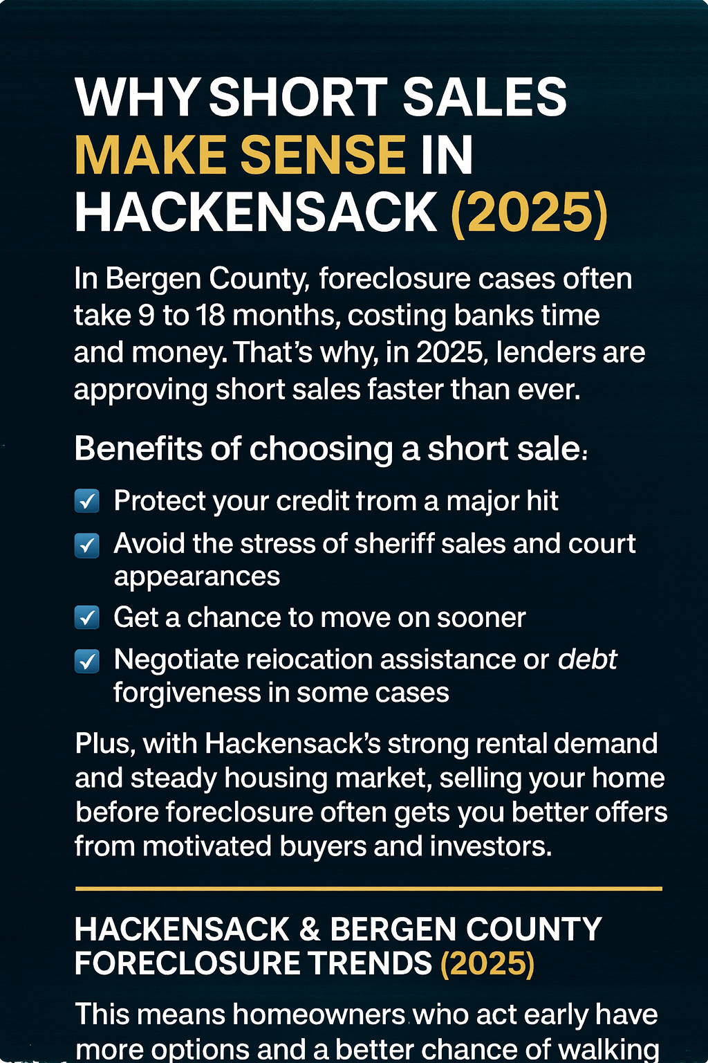 Infographic explaining why short sales make sense in Hackensack NJ in 2025, showing benefits like credit protection, avoiding sheriff sales, faster approvals, and Bergen County foreclosure trends.