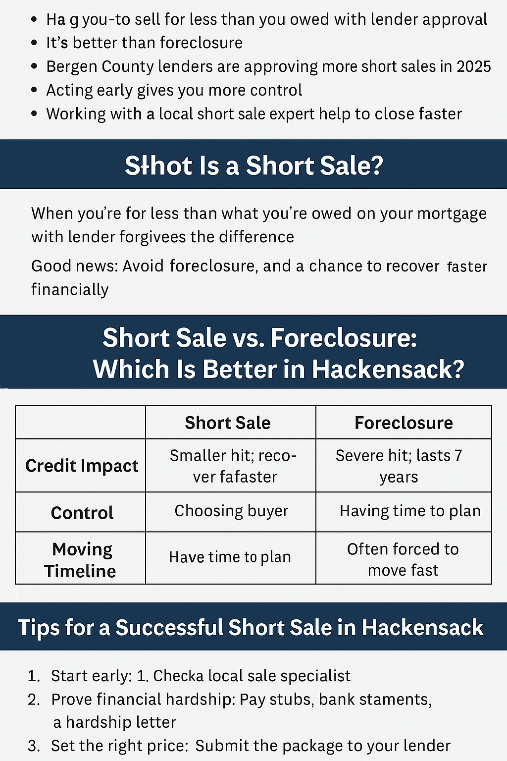 Hackensack NJ Short Sale Guide 2025 infographic showing key tips for avoiding foreclosure, including short sale benefits, step-by-step process, and a comparison between short sales and foreclosures for Bergen County homeowners.