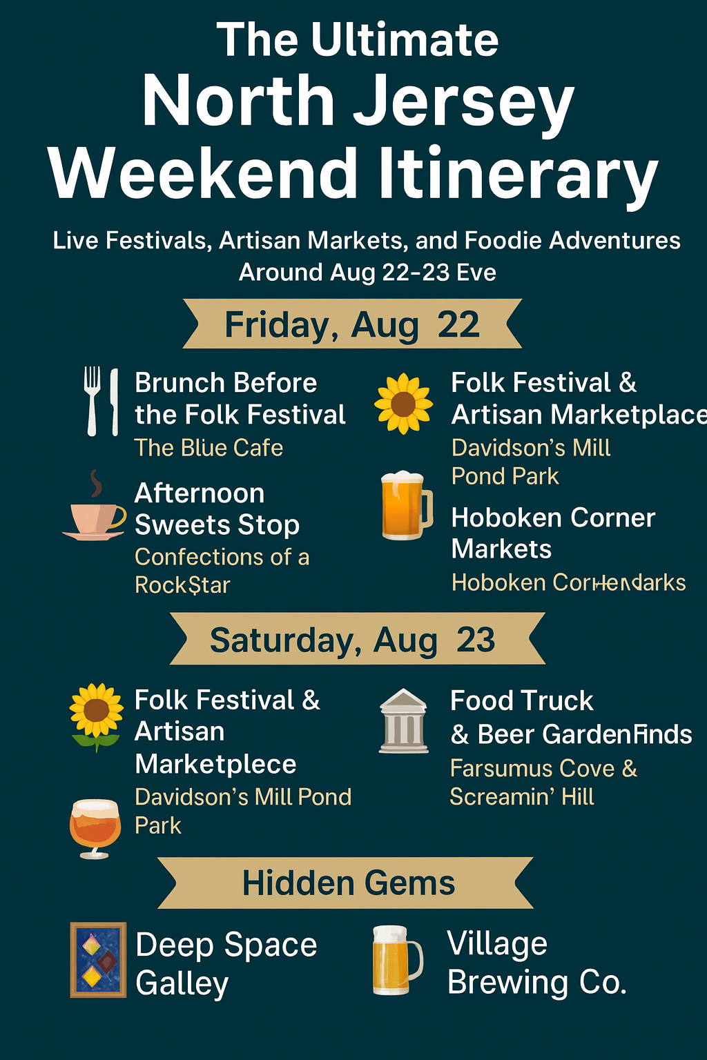 North Jersey Weekend Itinerary for August 22&ndash;23, 2025 featuring the New Jersey Folk Festival, artisan markets, food trucks, brunch spots, and hidden gems like Deep Space Gallery and Village Brewing Co.