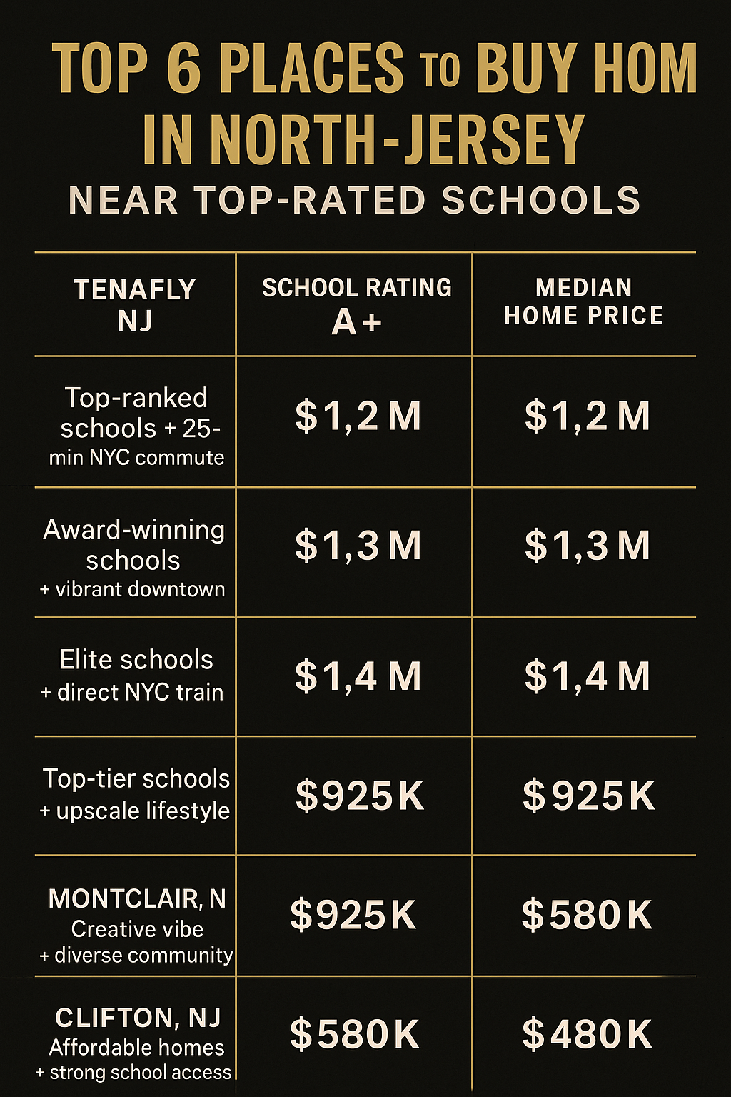 Infographic highlighting the top 6 places to buy a home in North Jersey near top-rated schools, featuring Tenafly, Ridgewood, Summit, Millburn, Montclair, and Clifton with school ratings, median home prices, and key lifestyle highlights.