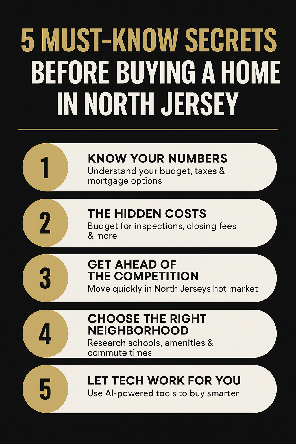 Infographic showing 5 must-know secrets before buying a home in North Jersey, including budgeting, hidden costs, beating competition, choosing the right neighborhood, and using AI-powered tools for smarter homebuying decisions.