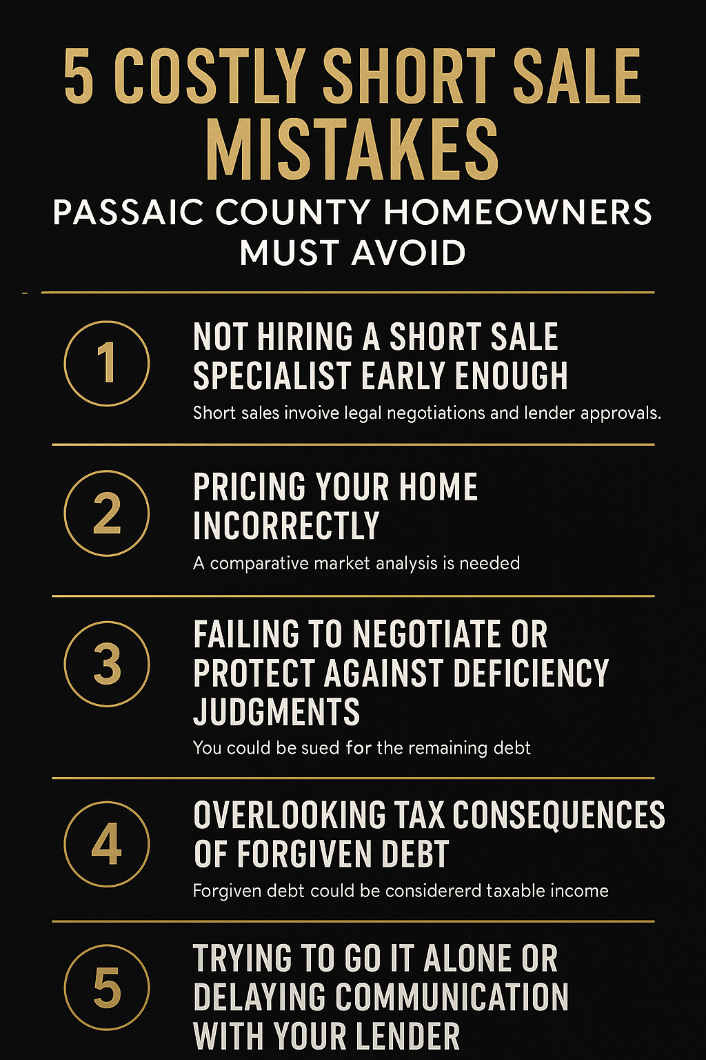 Black and gold infographic titled '5 Costly Short Sale Mistakes Passaic County Homeowners Must Avoid' listing common errors including not hiring a short sale specialist, incorrect pricing, ignoring deficiency judgments, overlooking tax consequences, and delaying communication with lenders.