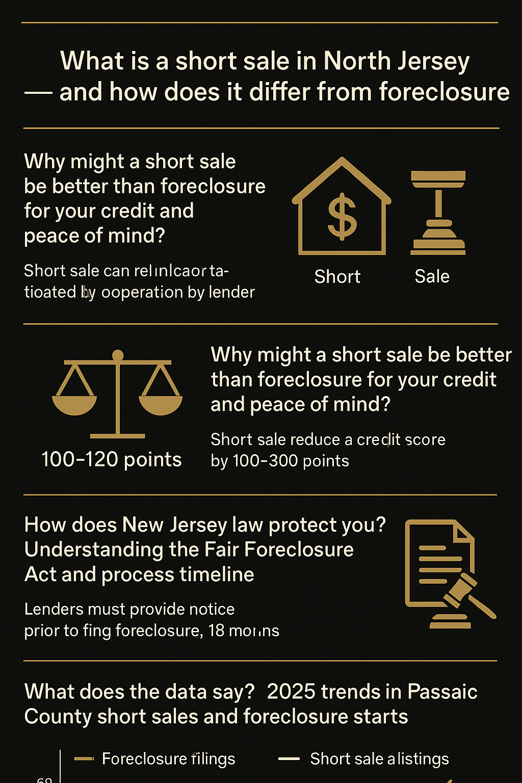 Infographic comparing short sale vs foreclosure for Passaic County homeowners in 2025. Highlights credit score impact, legal protections under New Jersey’s Fair Foreclosure Act, and local trends showing rising foreclosure filings and investor interest in short sale listings. Branded in black and gold with icons and visuals for clarity.