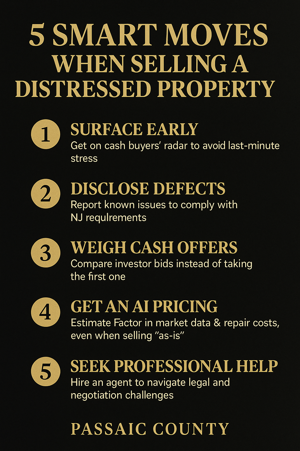 Infographic showing 5 smart tips for selling a distressed property in Passaic County, featuring advice on timing, disclosures, cash offers, AI pricing, and expert guidance.